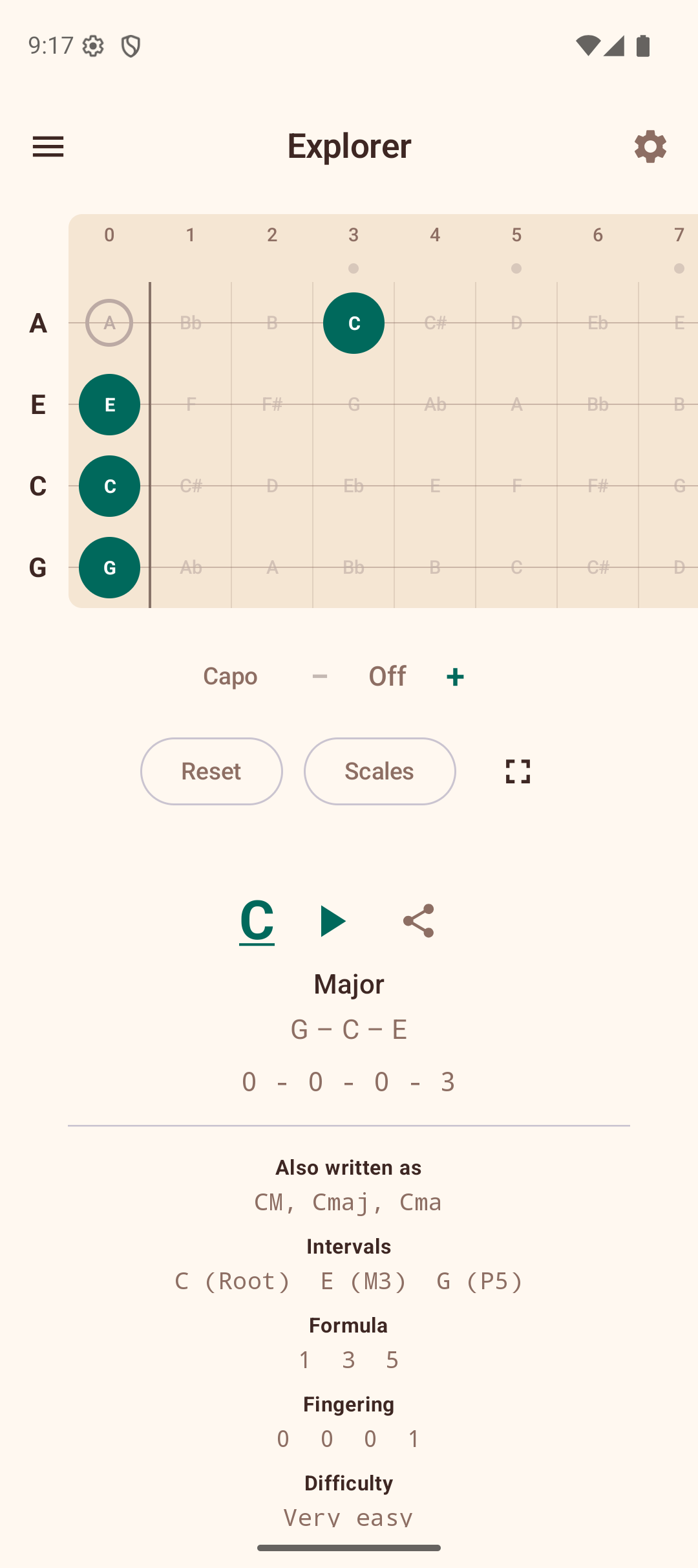 Chord detected on fretboard