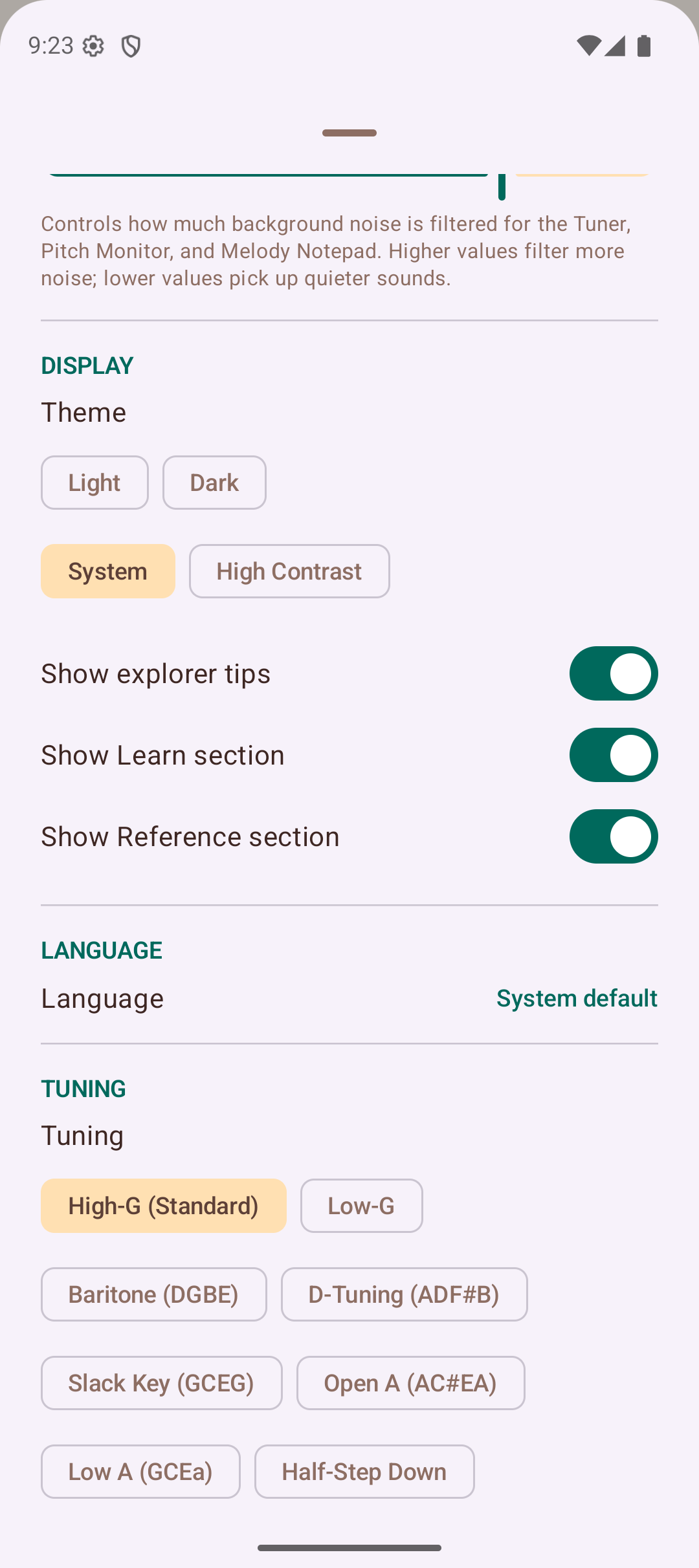 Settings — more sections