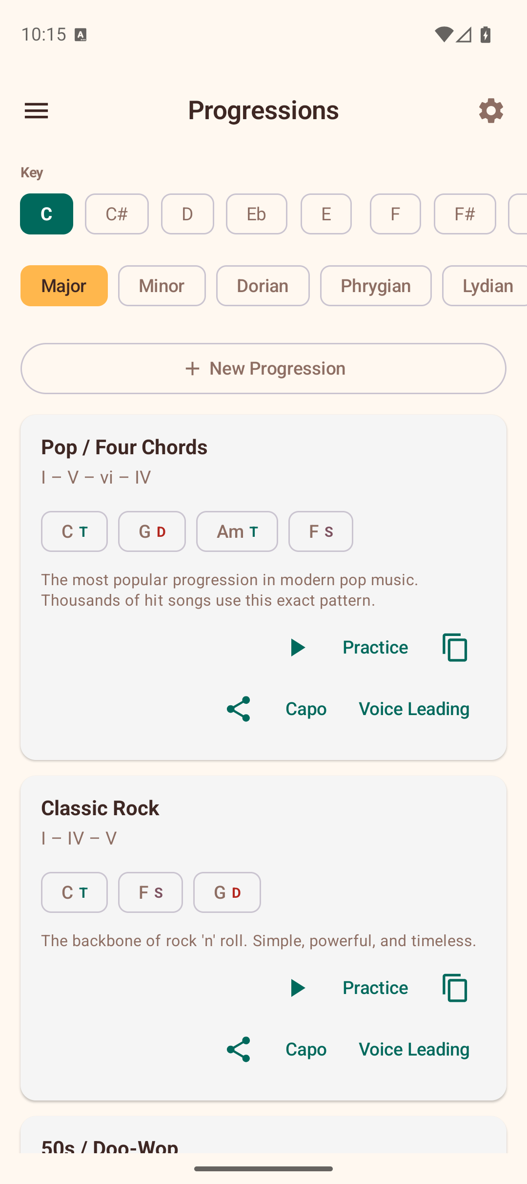 Chord progressions screen