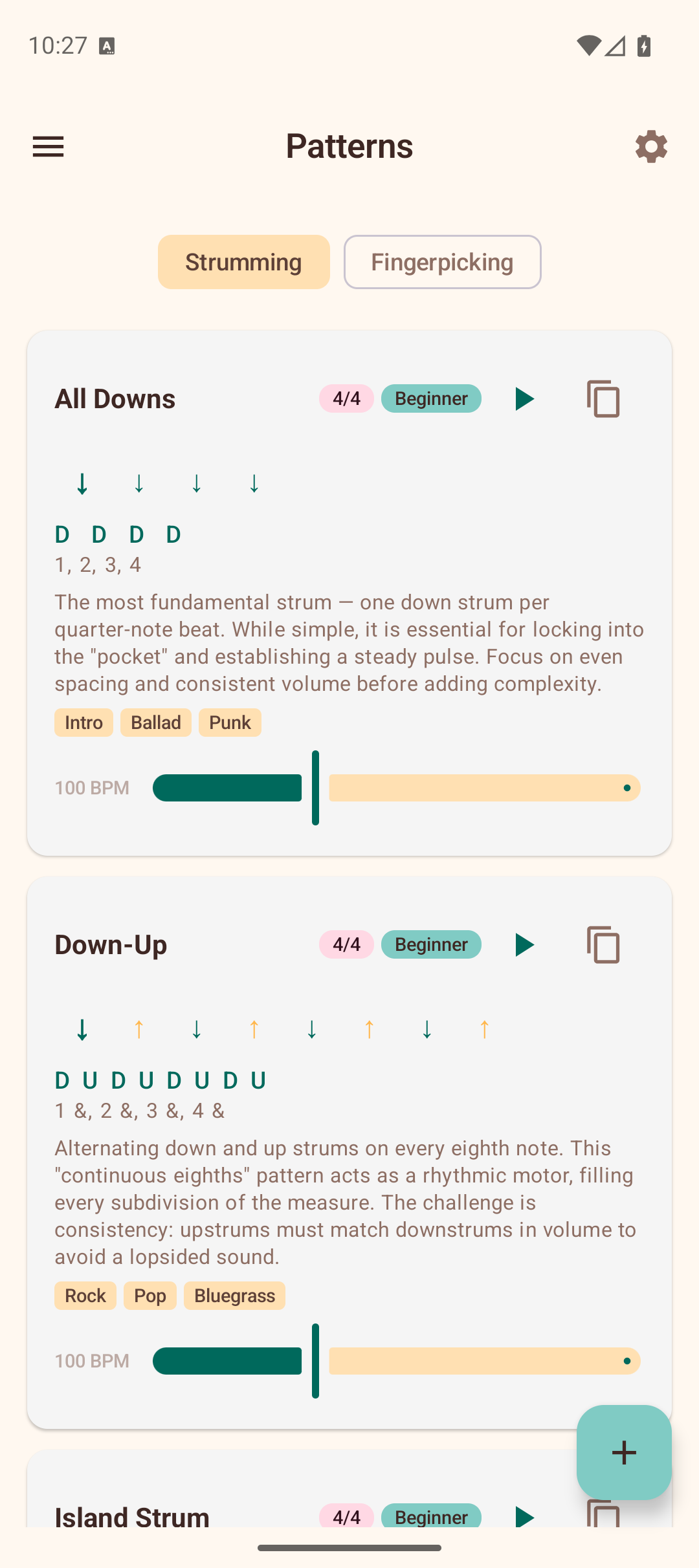 Strumming patterns screen